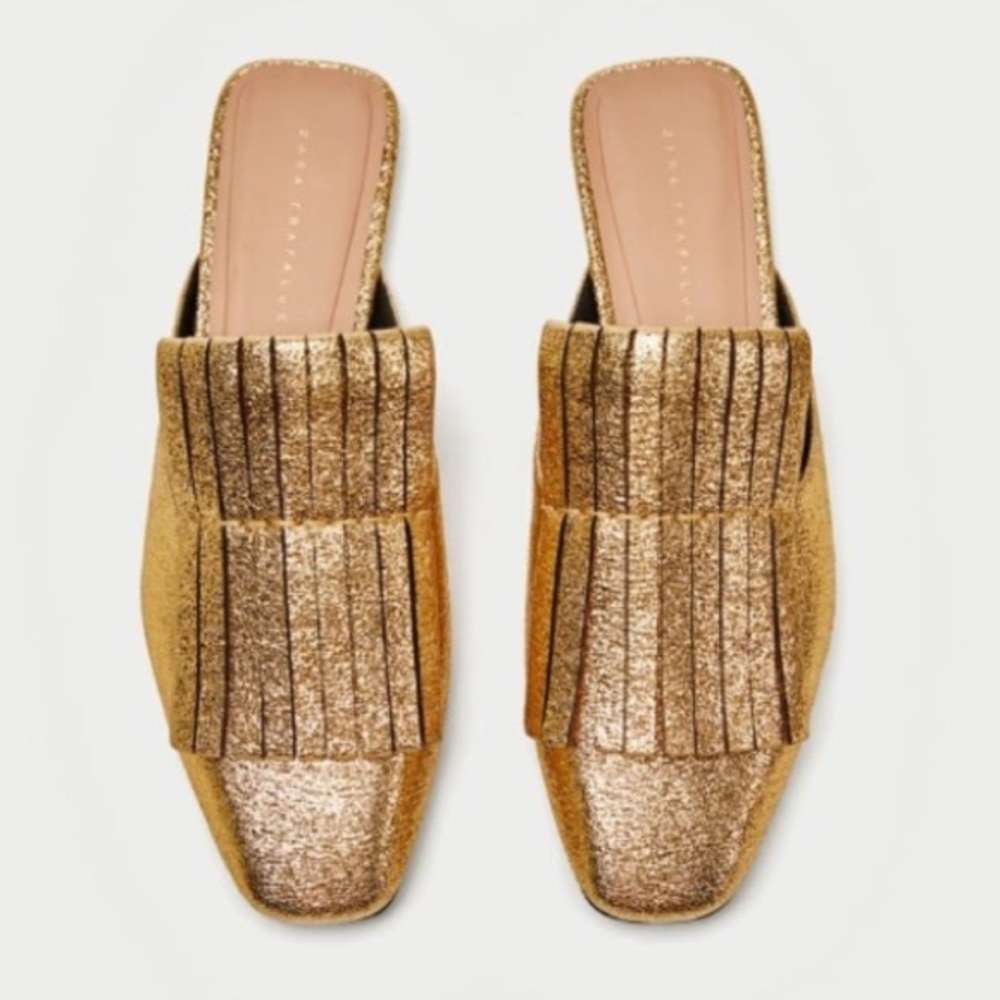 Zara gold slide flats mules NWT